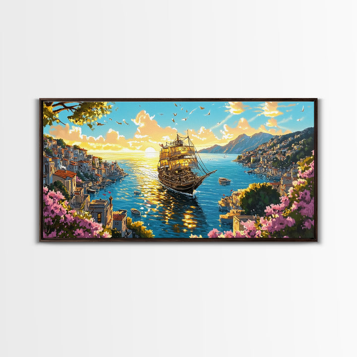 Ornate Ship In Sunlit Harbor Canvas Print, Mediterranean Coastal Wall Art, Floral Seascape Travel Home Decor For Living Room