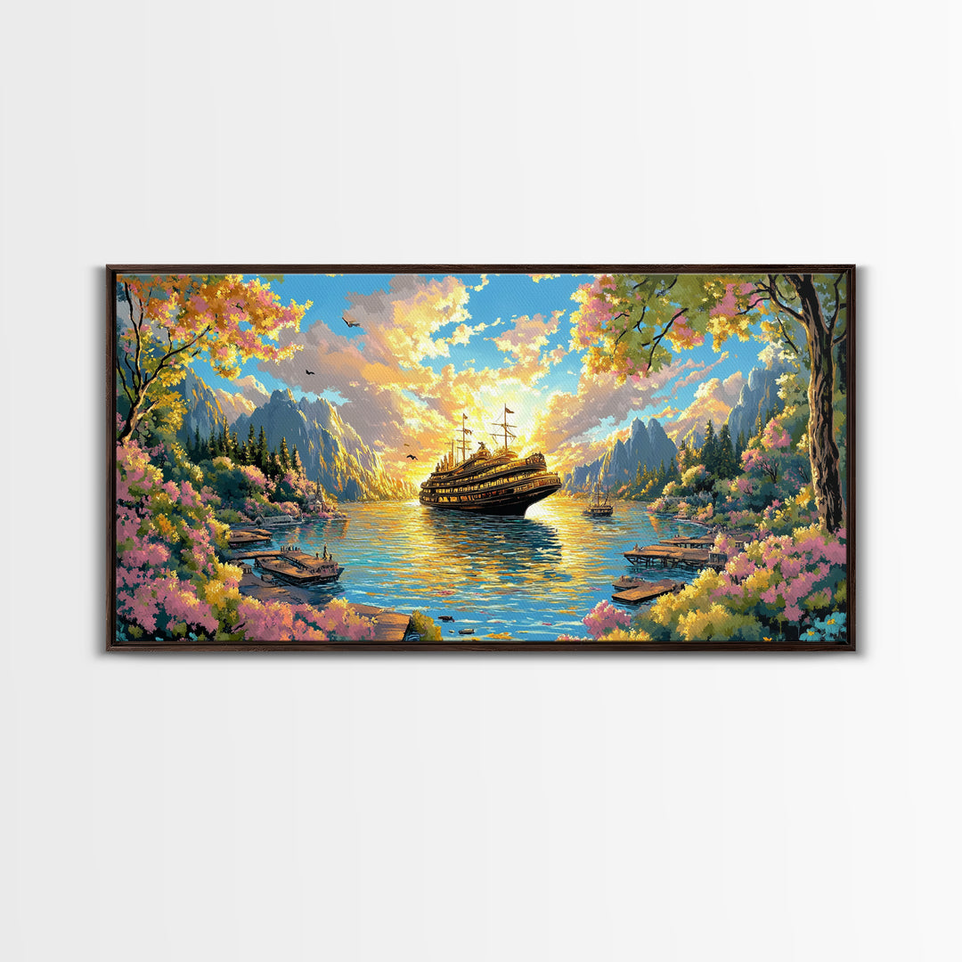 Mountain Lake With Blooming Flowers Wall Art, Fantasy Sailing Ship Canvas Print, Colorful Nature Landscape Large Home Decor