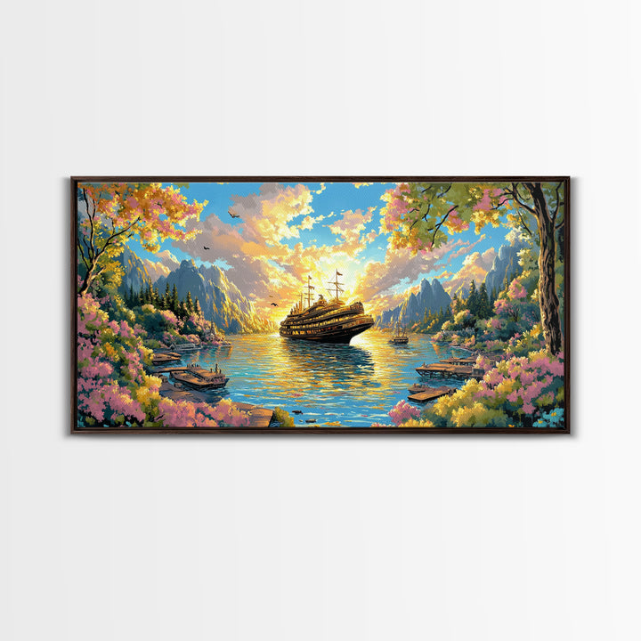 Mountain Lake With Blooming Flowers Wall Art, Fantasy Sailing Ship Canvas Print, Colorful Nature Landscape Large Home Decor