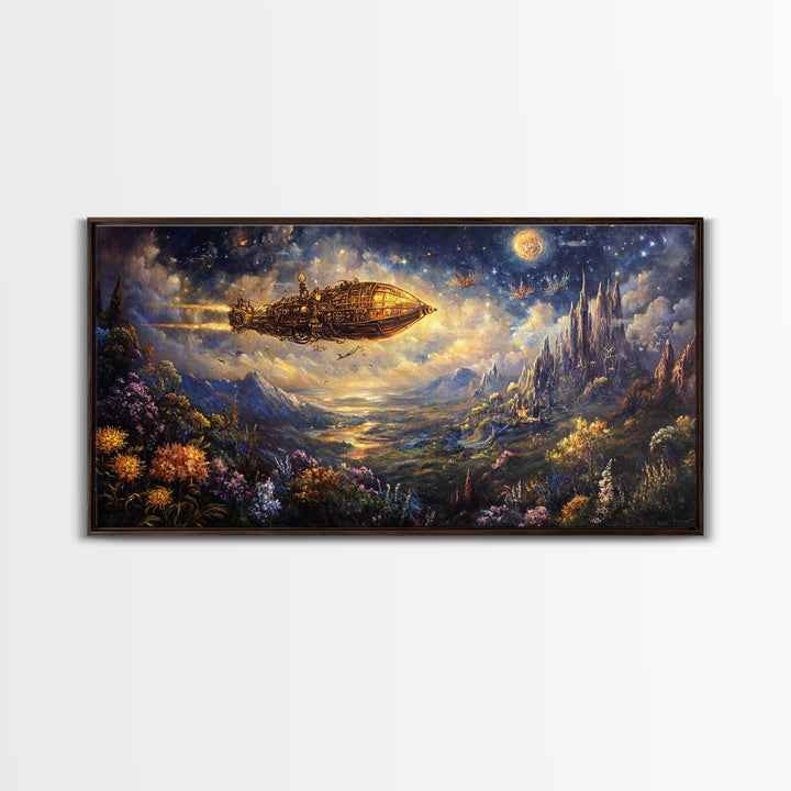 Golden Airship Over Moonlit Castle Valley Framed Canvas Print, Celestial Fantasy Wall Art, Steampunk Landscape Decor For Living Room