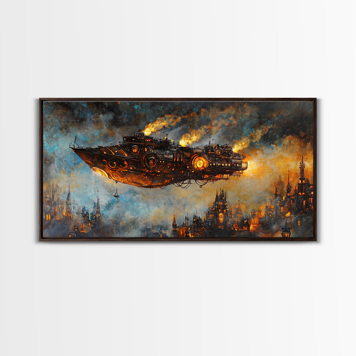 Dark Steampunk Airship Above Industrial City Canvas Print, Sci Fi Fantasy Wall Art, Moody Urban Living Room Decor For Home Office