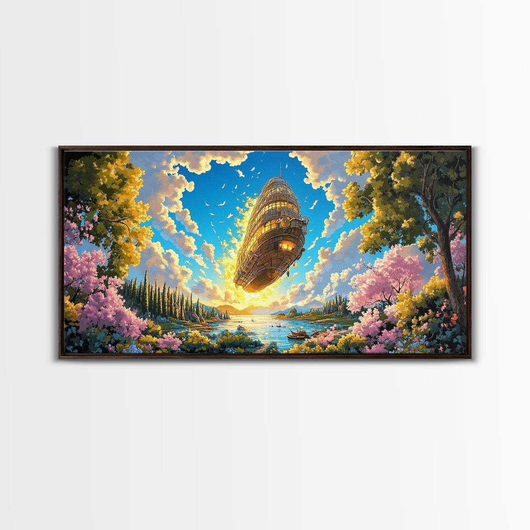 Golden Steampunk Airship Over Blossom Lake Canvas Print, Large Fantasy Landscape Wall Art, Whimsical Coastal Home Decor Gift
