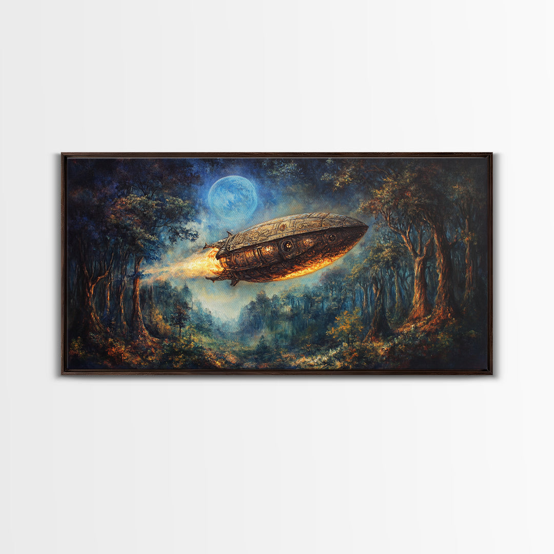 Moonlit Steampunk Airship In Dark Forest Framed Canvas Print, Fantasy Wall Art, Moody Gothic Living Room And Office Decor
