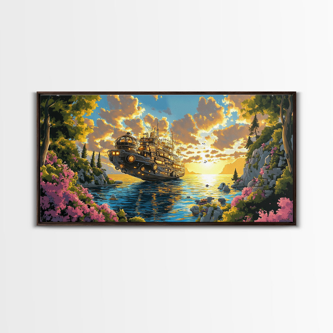 Mechanical Steampunk Ship On Sunlit Mountain Lake Canvas Print, Fantasy Wall Art, Colorful Coastal Living Room Decor Gift