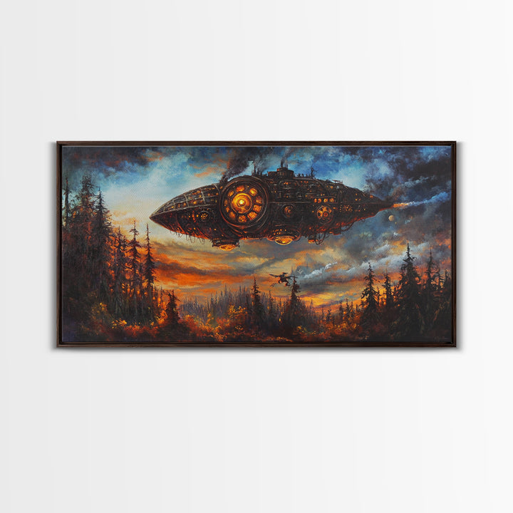 Dark Steampunk Airship Above Pine Forest Sunset Framed Canvas Print, Dystopian Sci Fi Wall Art, Moody Living Room Office Decor