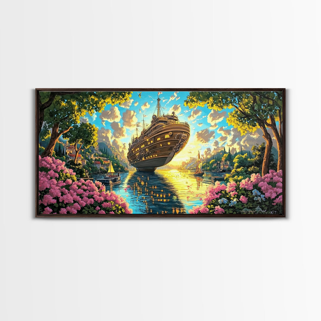 Ornate Floating Ship In Garden Harbor Canvas Print, Whimsical Fantasy Coastal Wall Art, Bright Lake House Living Room Decor