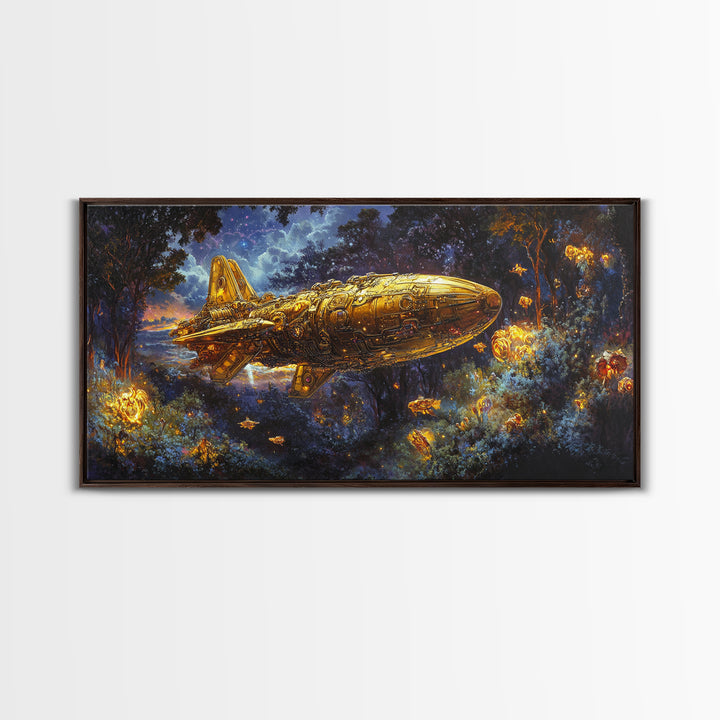 Golden Rocket Airship In Enchanted Night Forest Framed Canvas Print, Fantasy Wall Art, Firefly Woodland Decor For Bedroom