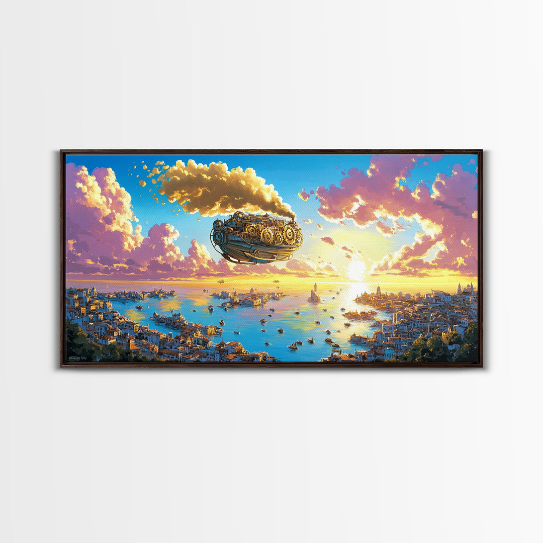 Pastel Steampunk Airship Over Coastal City Sunrise Canvas Print, Fantasy Travel Wall Art, Colorful Mediterranean Home Decor