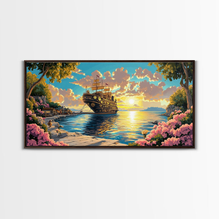 Ornate Steampunk Ship Docked In Flower Harbor Canvas Print, Fantasy Coastal Wall Art, Golden Sunset Living Room Decor Gift