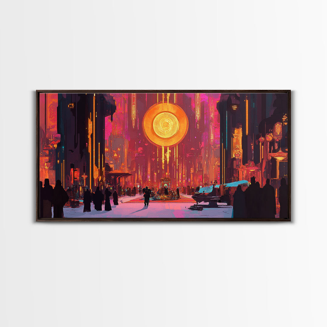 Neon Cyberpunk City With Golden Sun Disc Canvas Print, Futuristic Wall Art For Gaming Room And Modern Office Decor, Home Decor