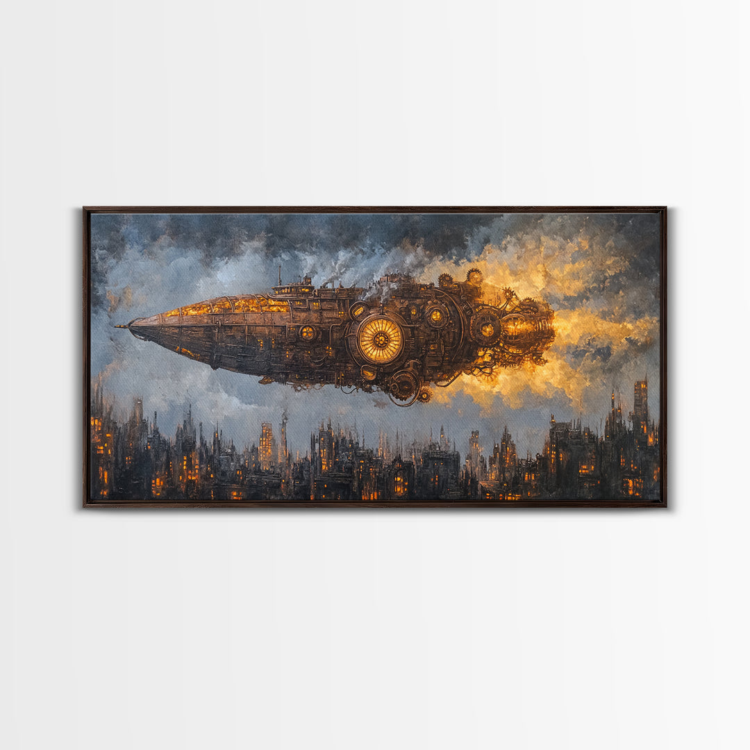 Steampunk Starship Over Smoky Dystopian Skyline Framed Canvas Print, Sci Fi Wall Art For Industrial Office And Man Cave Decor