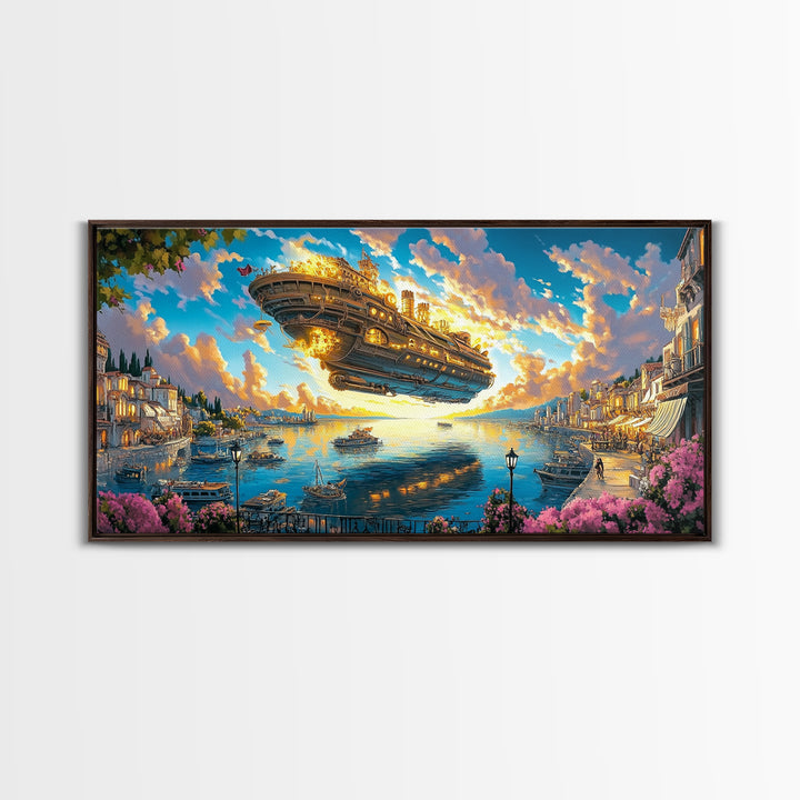 Golden Airship Above Mediterranean Harbor Canvas Print, Fantasy Travel Wall Art For Coastal Decor And Elegant Living Room Decor