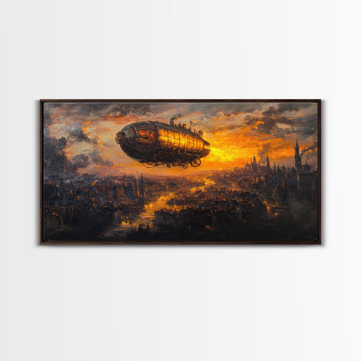 Moody Steampunk Airship At Fiery Sunset Framed Canvas Print, Dystopian City Wall Art For Gothic Office And Masculine Decor