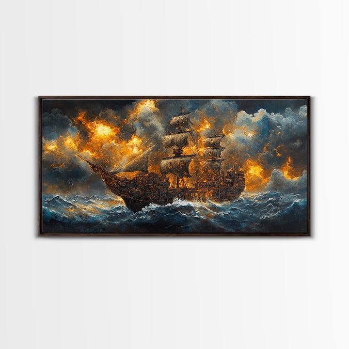 Stormy Pirate Ship In Fiery Seas Framed Canvas Print, Dramatic Nautical Wall Art For Gothic Decor And Fantasy Home Decor