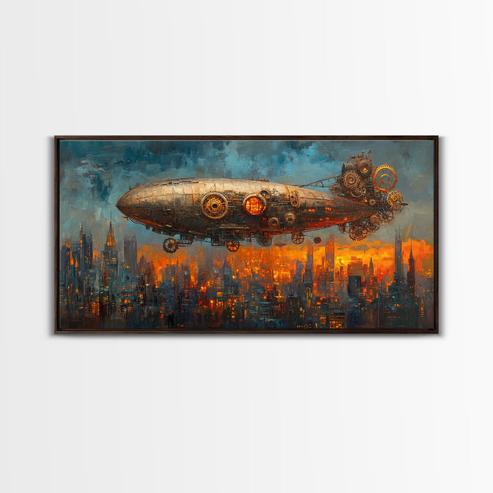 Industrial Steampunk Zeppelin Over Orange City Canvas Print, Futuristic Wall Art For Sci Fi Office Decor And Urban Home Decor