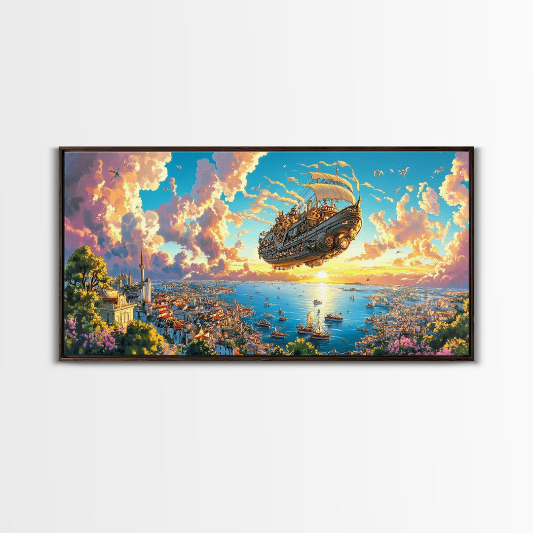 Flying Galleon Above Sunlit Coastal City Canvas Print, Whimsical Fantasy Wall Art For Travel Decor And Bright Living Room
