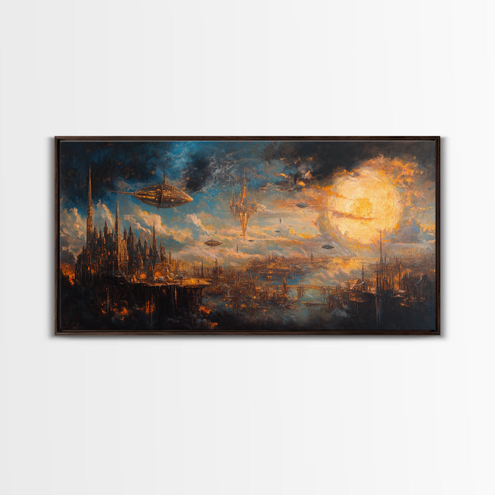 Steampunk Sky City With Airships Wall Art, Futuristic Fantasy Landscape, Dark Sci Fi Decor, Large Canvas Print For Office