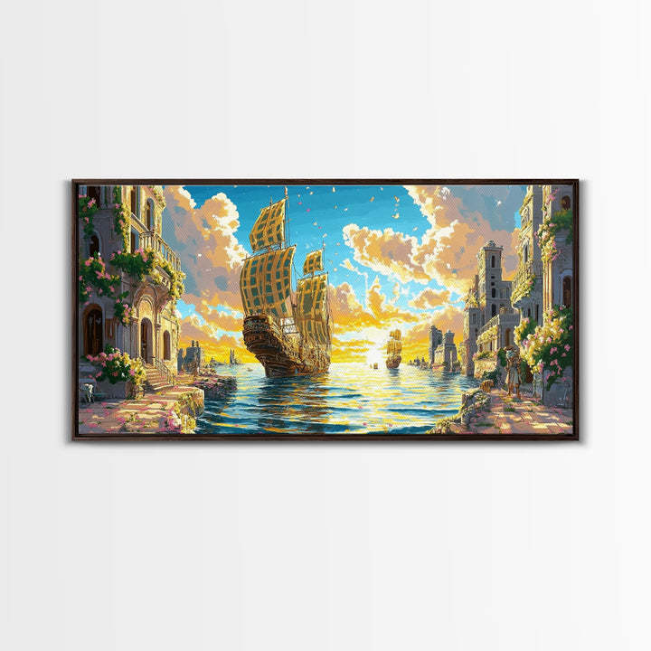 Golden Sailing Ship Canal Wall Art, Mediterranean Coastal Decor, Fantasy Seascape Canvas Print, Vibrant Living Room Art Print