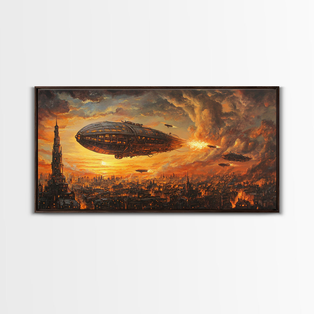 Fiery Airship Over Burning City Wall Art, Dark Steampunk Sci Fi Decor, Futuristic Landscape Canvas Print, Man Cave Art Gift