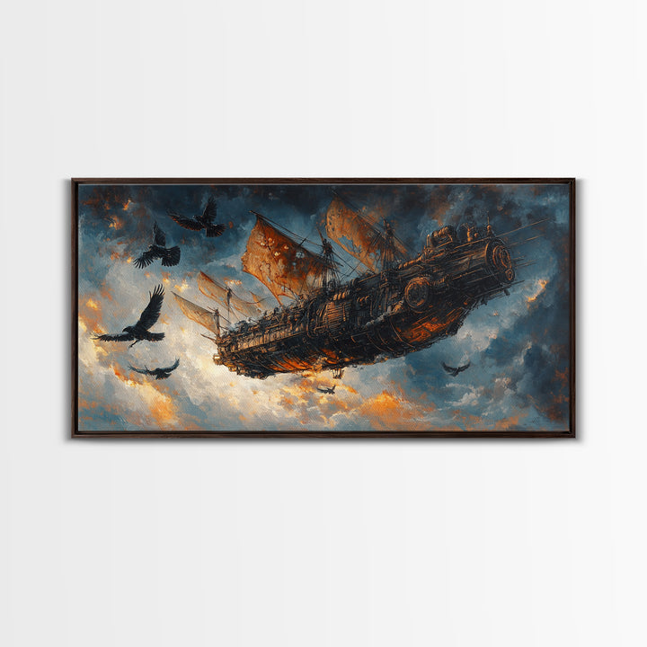 Dark Flying Pirate Ship Wall Art, Steampunk Fantasy Skyship, Gothic Adventure Canvas Print, Moody Sci Fi Office Decor Gift