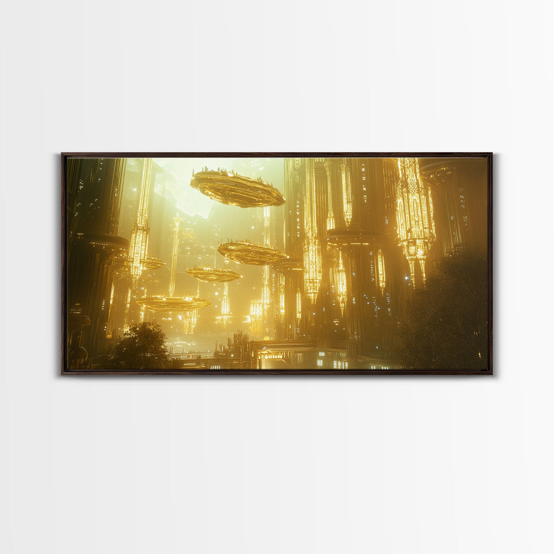 Golden Futuristic City With Floating Airships Framed Canvas Print, Sci Fi Wall Art, Cyberpunk Decor, Statement Artwork Gift For Him