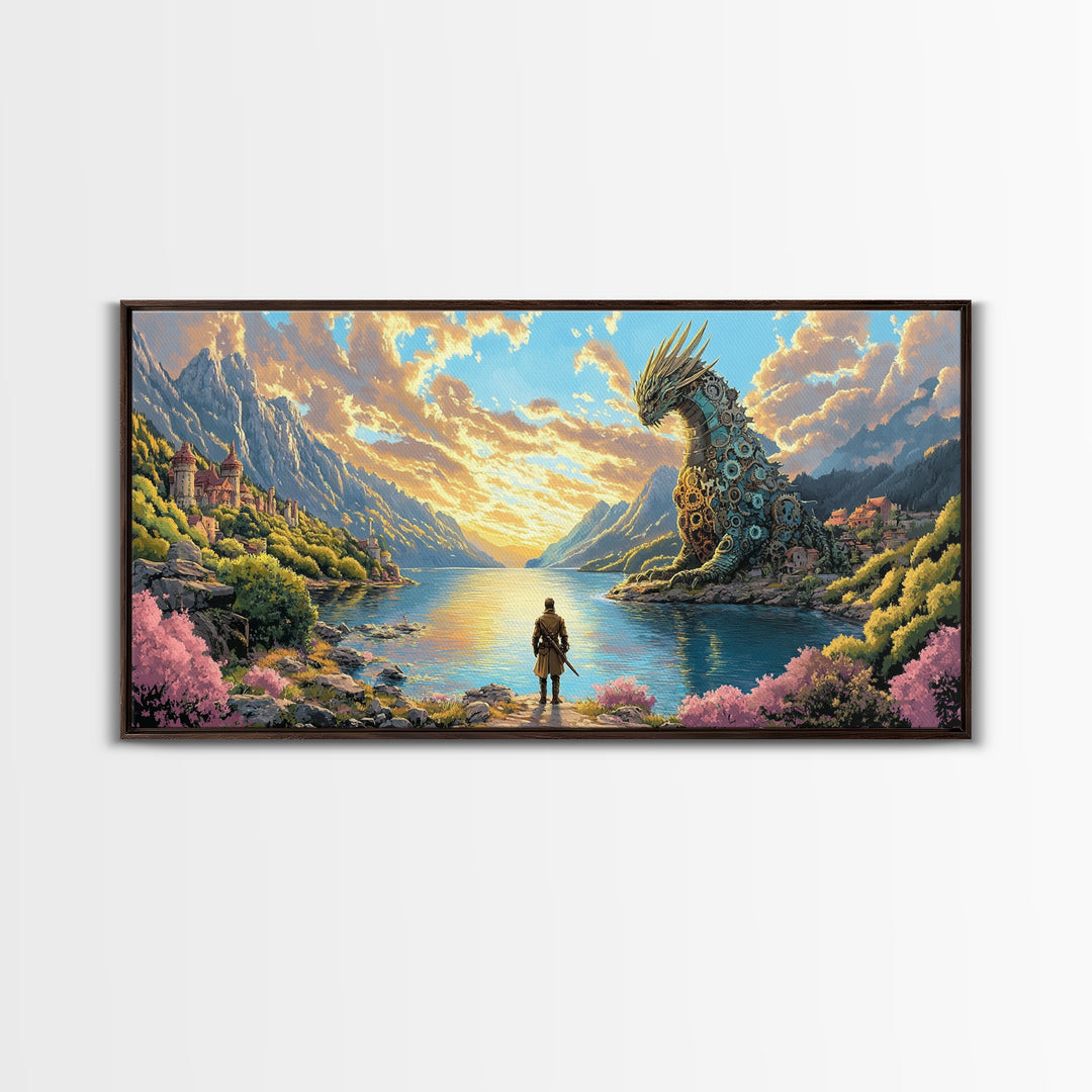 Hero Facing Giant Mechanical Dragon On Alpine Lake Canvas Print, Fantasy Wall Art, Mountain Wall Art, Adventure Home Decor
