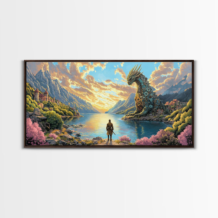 Hero Facing Giant Mechanical Dragon On Alpine Lake Canvas Print, Fantasy Wall Art, Mountain Wall Art, Adventure Home Decor