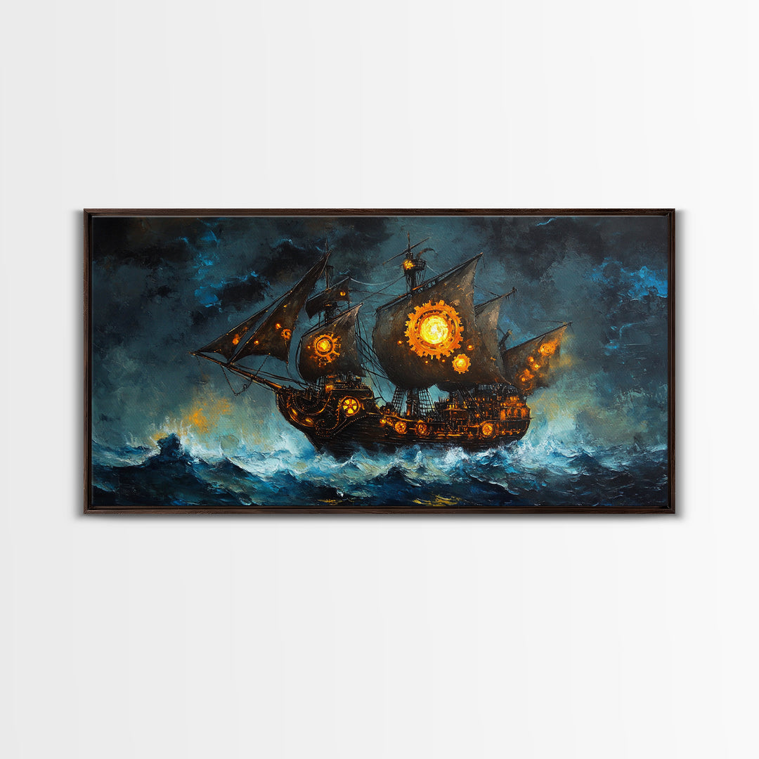 Stormy Steampunk Pirate Ship With Glowing Gears Canvas Print, Nautical Wall Art, Dark Fantasy Art, Moody Seascape Decor Gift For Him