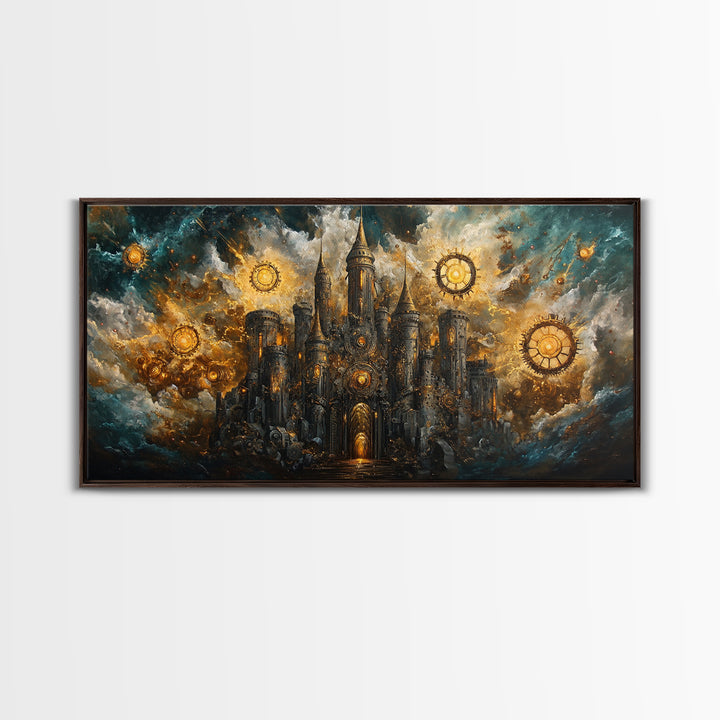 Dark Clockwork Castle Under Stormy Skies Framed Canvas Print, Gothic Wall Art, Steampunk Decor, Fantasy Home Decor, Statement Artwork