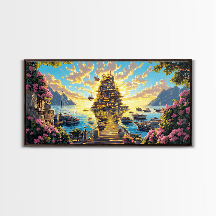 Golden Floating Temple At Sunset Wall Art, Fantasy Coastal Landscape Canvas, Dreamy Ocean Decor, Large Living Room Art Print