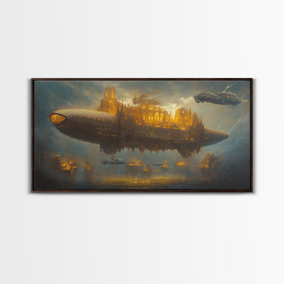 Golden Steampunk Airship City Framed Canvas Print, Futuristic Sci Fi Wall Decor, Dark Fantasy Art For Office Decor, Gift For Him