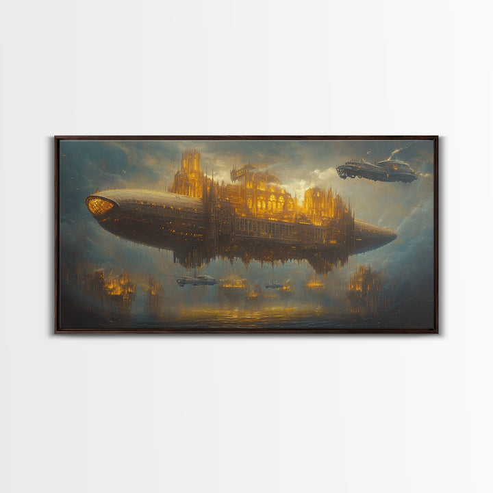 Golden Steampunk Airship City Framed Canvas Print, Futuristic Sci Fi Wall Decor, Dark Fantasy Art For Office Decor, Gift For Him