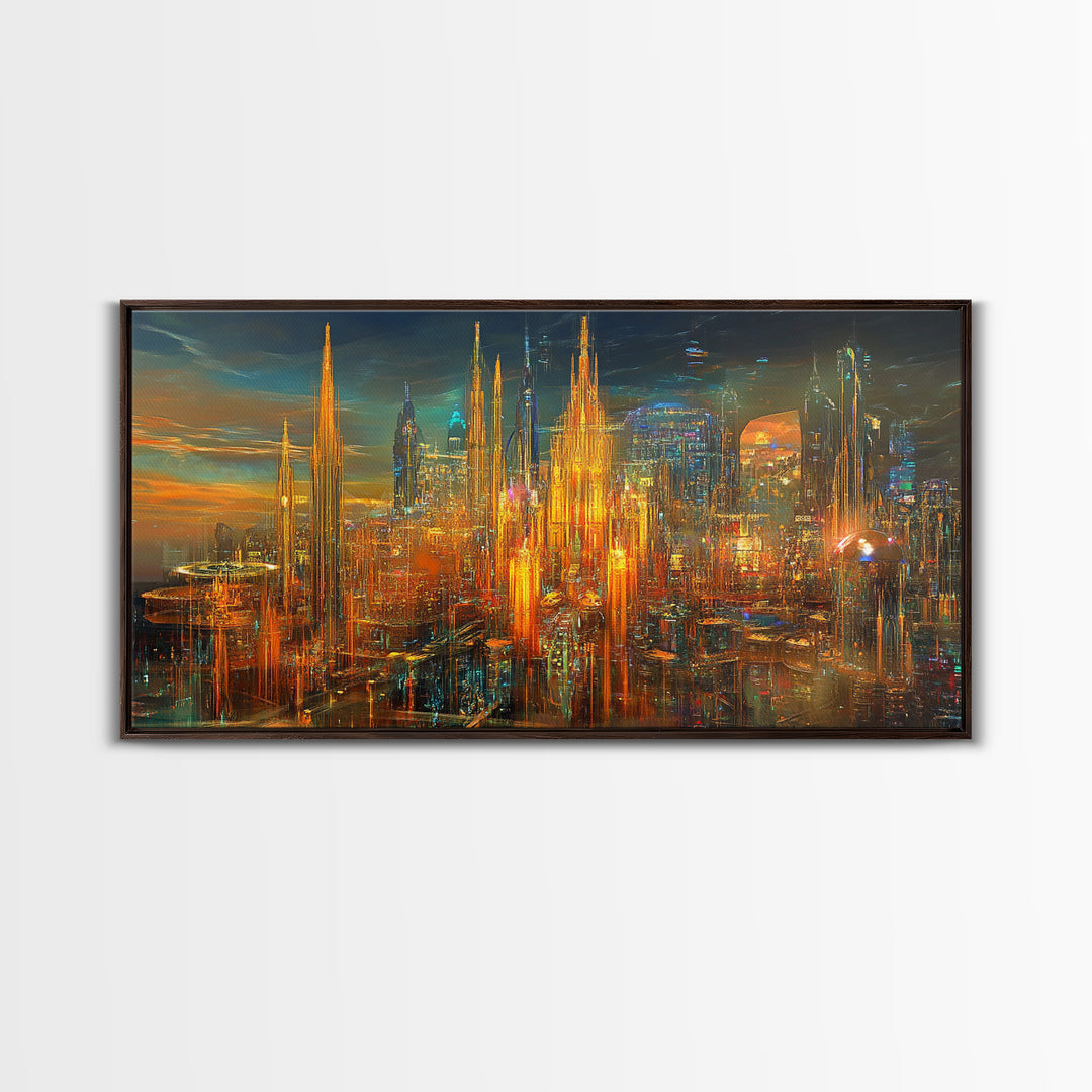 Radiant Futuristic City Skyline Wall Art, Cyberpunk Canvas Print, Sci Fi Urban Decor, Large Modern Office Wall Decor Art