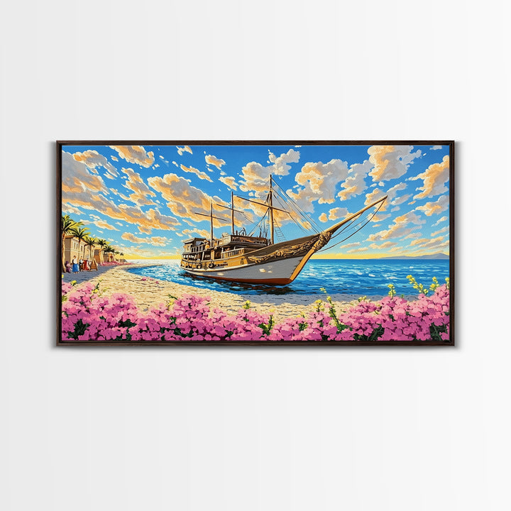 Classic Wooden Sailboat On Sunny Coast Wall Art, Nautical Canvas Print, Beach House Decor, Coastal Living Room Art Print