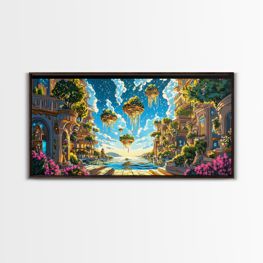 Floating Garden Islands Over Azure Sea Wall Art, Fantasy Coastal Canvas Print, Dreamy Mediterranean Home Decor Art Print