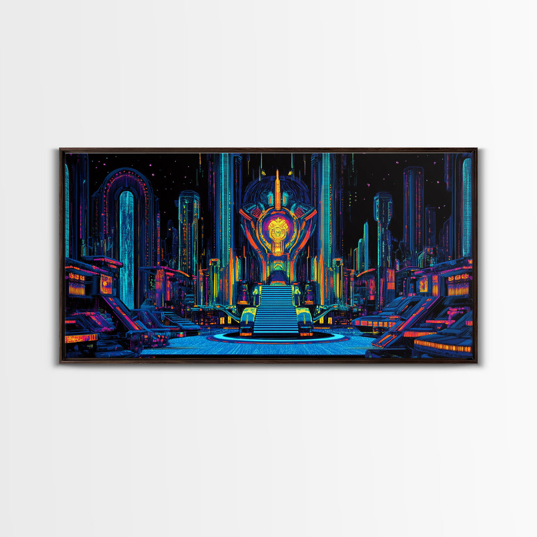 Neon Cyberpunk Throne Room Canvas Print, Futuristic Sci Fi Wall Art, Gaming Room Decor, Vibrant Office Wall Decor, Gift For Him