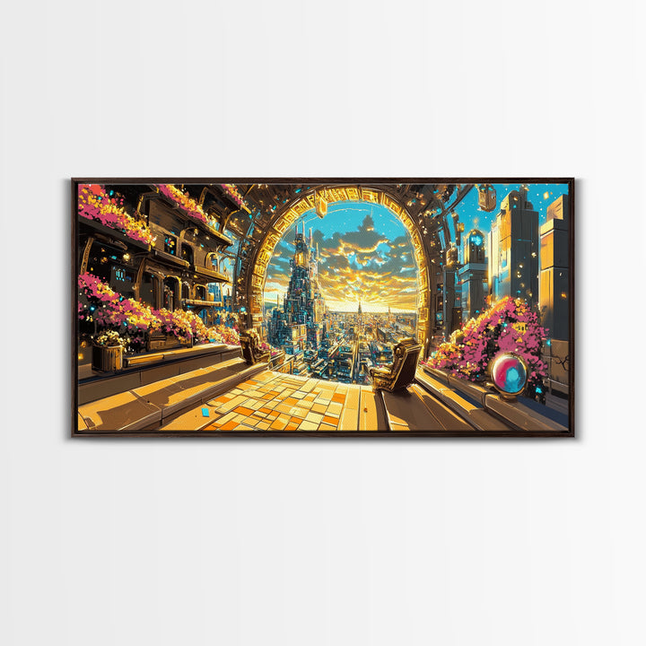 Golden Portal Balcony Over Future City Wall Art, Futuristic Canvas Print, Sci Fi Living Room Decor, Statement Office Art