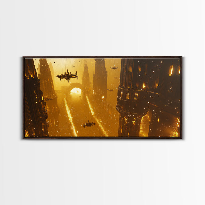Golden Futuristic Megacity With Airships Wall Art, Sci Fi Cityscape Canvas, Cyberpunk Decor, Large Statement Living Room Print