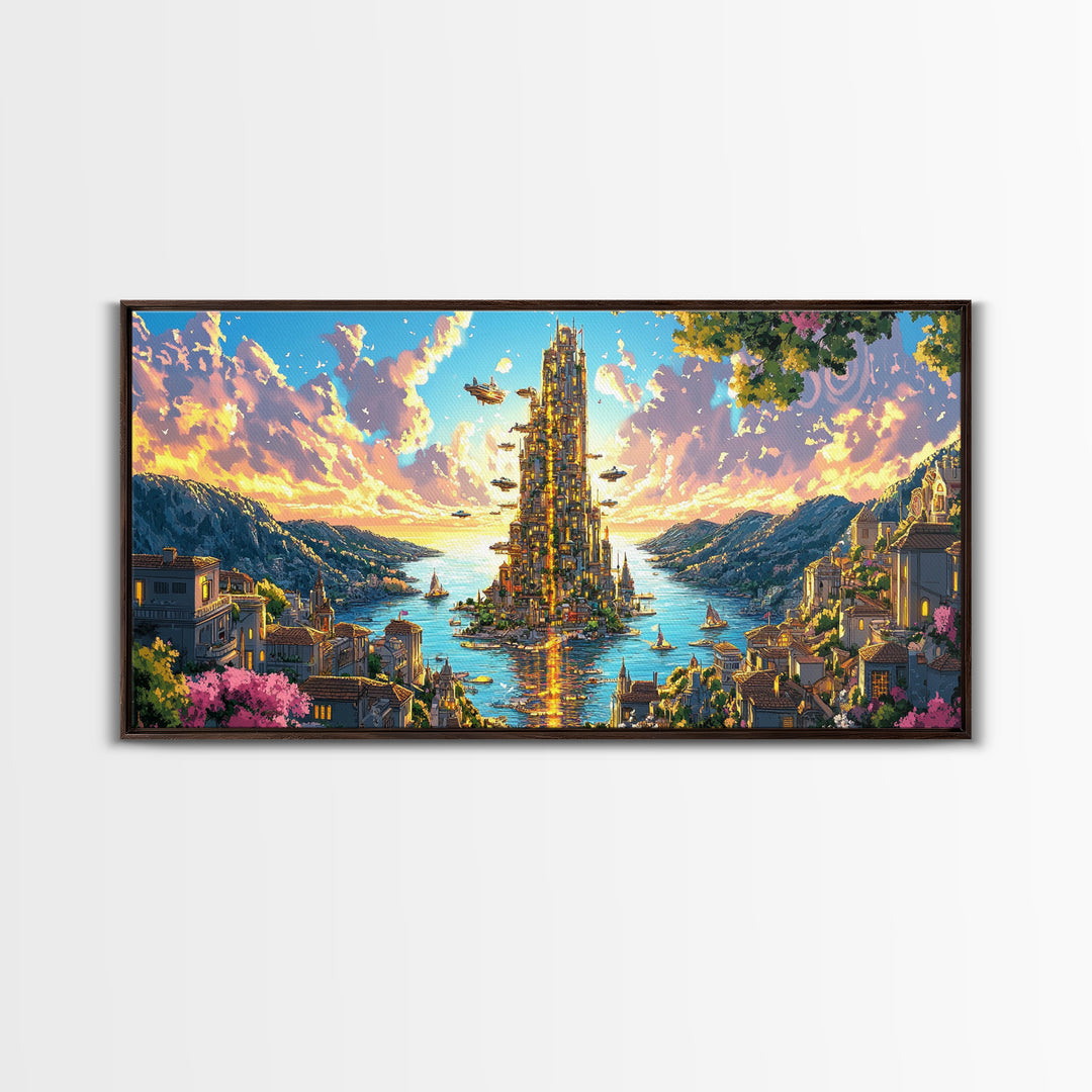 Radiant Island Tower And Alpine Bay Framed Canvas Print, Fantasy Coastal Wall Art, Italy Decor, Colorful Living Room Art