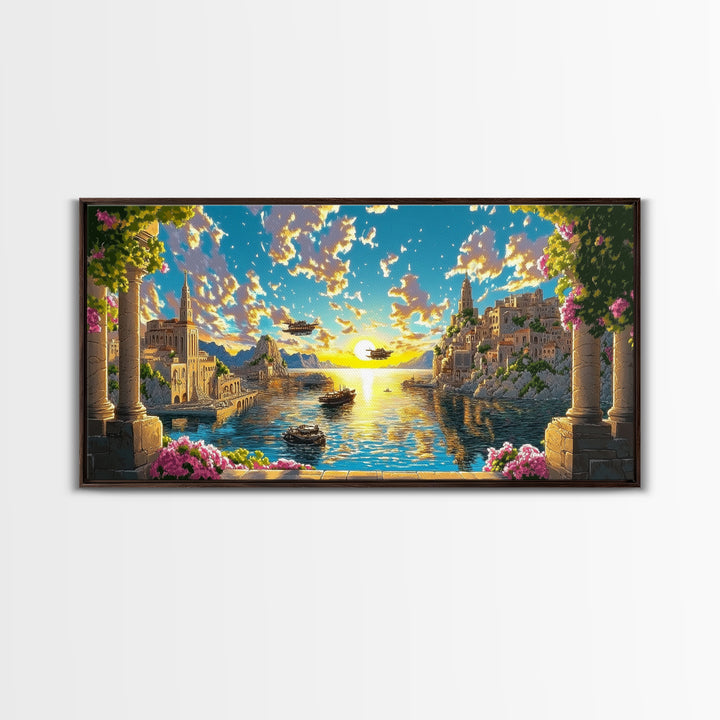 Sunlit Fantasy Harbor With Airships Canvas Print, Mediterranean Coastal Wall Art, Seascape Decor, Bright Living Room Print