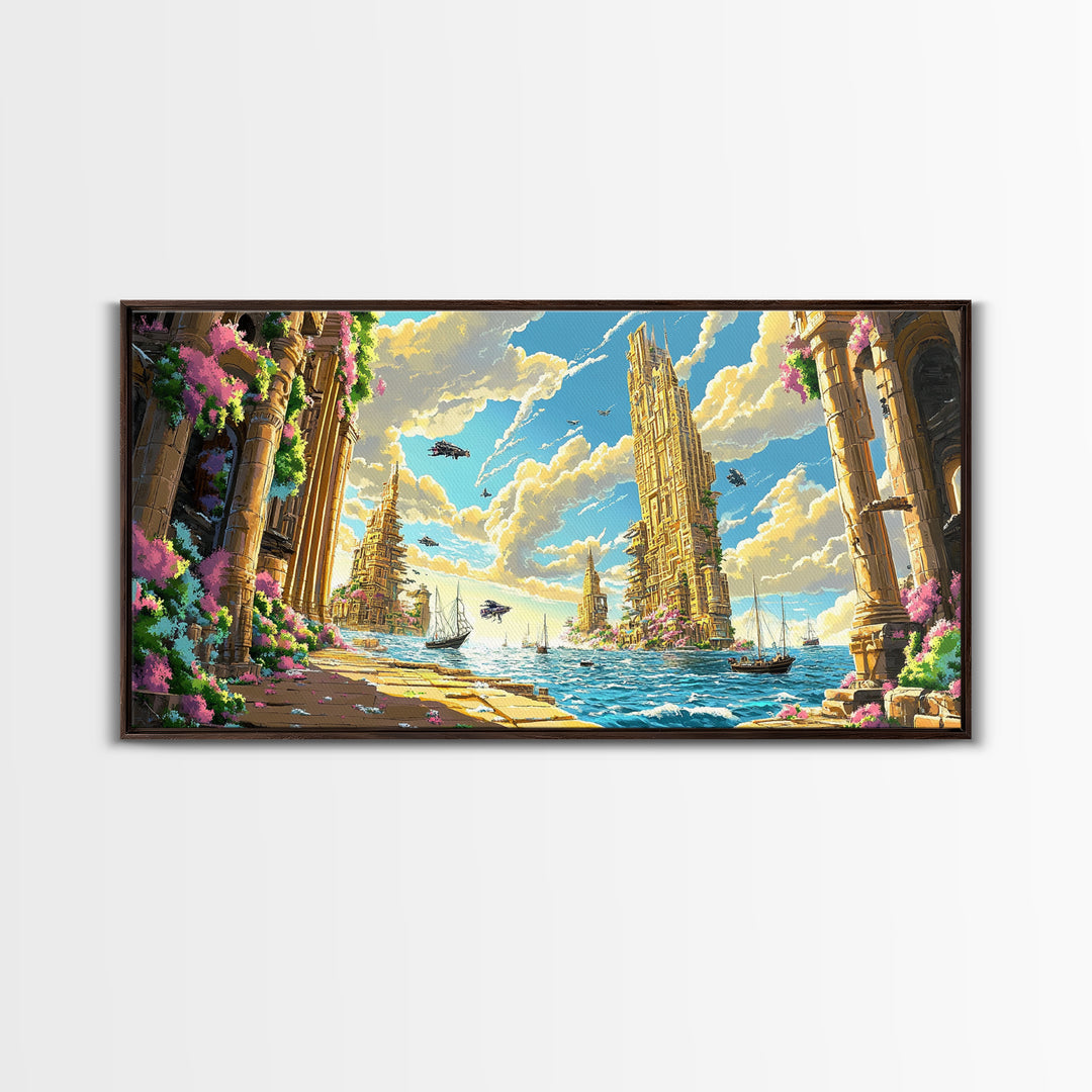 Blooming Fantasy Canal And Golden Towers Wall Art, Coastal Seascape Canvas, Mediterranean Decor, Large Horizontal Living Room Print