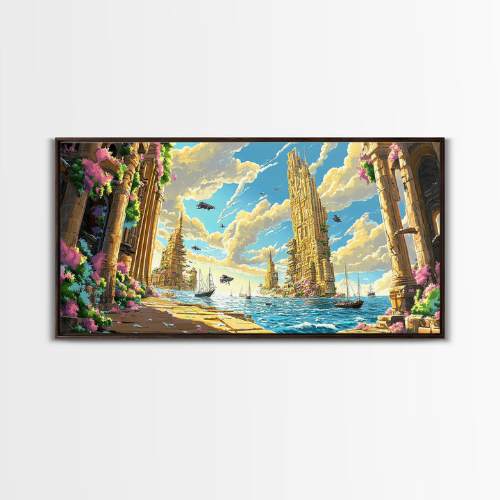 Blooming Fantasy Canal And Golden Towers Wall Art, Coastal Seascape Canvas, Mediterranean Decor, Large Horizontal Living Room Print