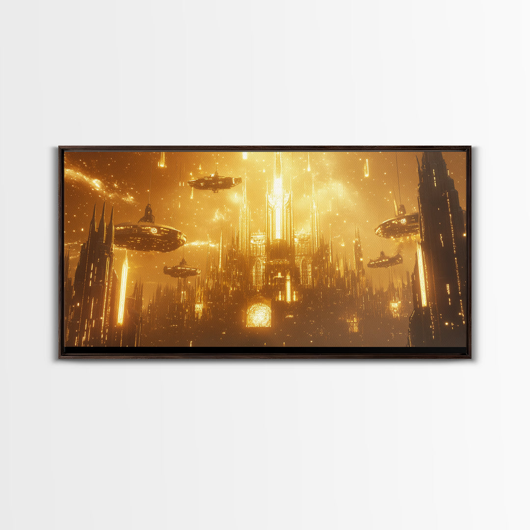 Glowing Golden Future Cathedral And Airships Canvas Print, Sci Fi Wall Art, Luxury Cyberpunk Decor, Oversized Statement Art