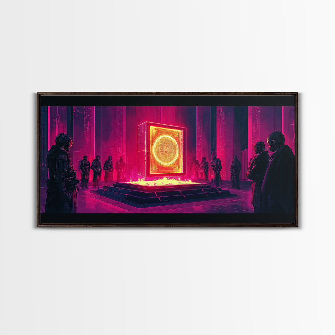 Neon Magenta Monolith Ritual Framed Canvas Print, Cyberpunk Wall Art, Sci Fi Decor, Dark Moody Futuristic Gallery Room Poster