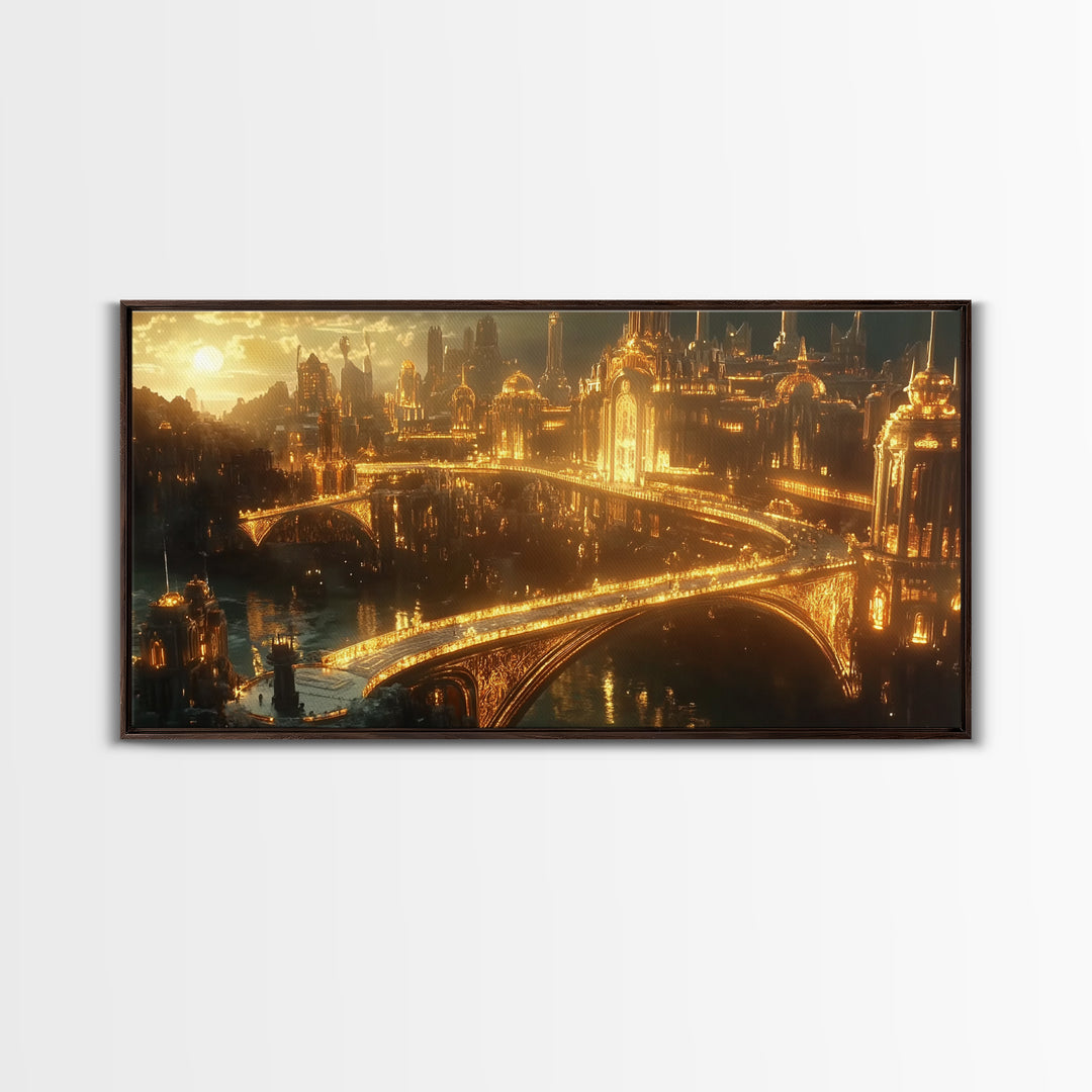 Golden Futuristic Palace City And Bridges Framed Canvas Print, Sci Fi Wall Art, Luxury Cityscape Large Statement Living Room Decor