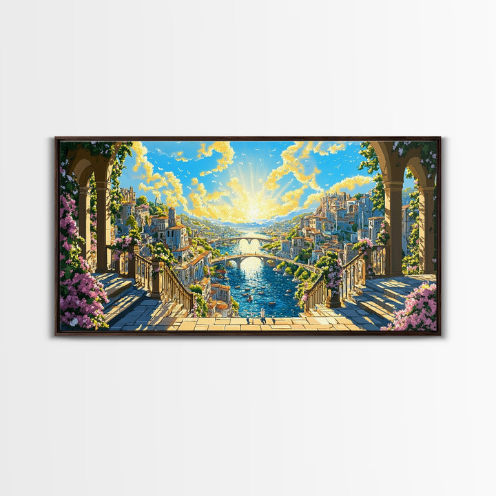 Sunlit Fantasy River City From Balcony Canvas Print, Mediterranean Wall Art, Colorful Coastal Decor, Bright Above Sofa Print