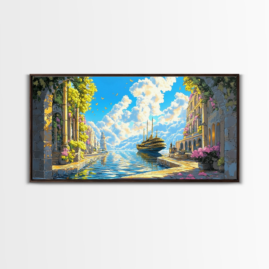 Sunlit Mediterranean Canal And Flowered Stone City Wall Art, Coastal Italy Canvas Print For Living Room Decor And Beach House Decor