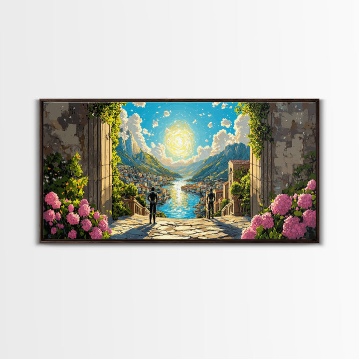 Radiant Alpine Lake Como Village Through Stone Arch Wall Art, Italian Landscape Print For Elegant Home Decor And Travel Lover Gift