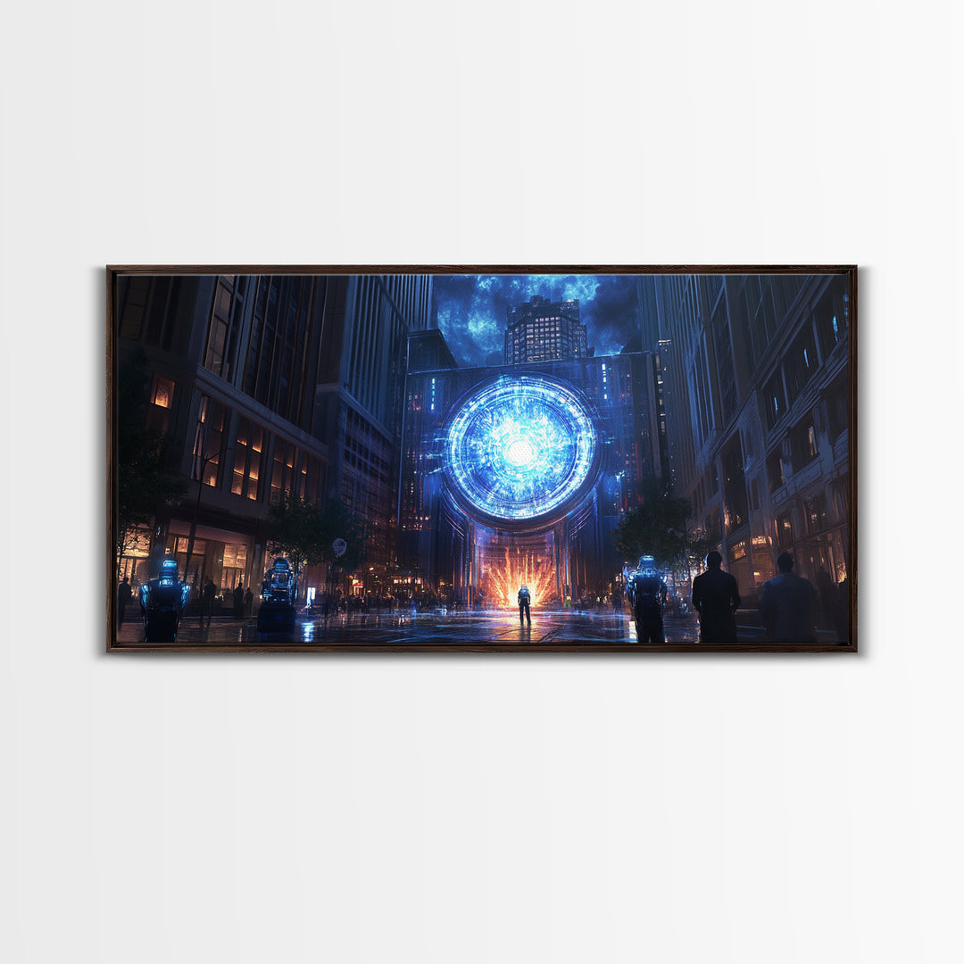 Blue Cosmic Portal Over Dark City Street Framed Canvas Print, Sci Fi Wall Art For Gaming Room Decor And Modern Cyberpunk Decor
