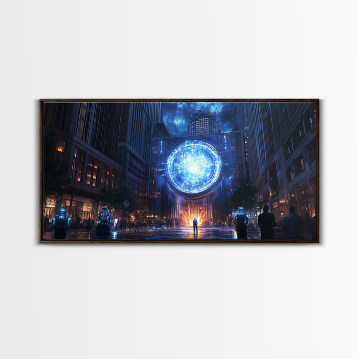 Blue Cosmic Portal Over Dark City Street Framed Canvas Print, Sci Fi Wall Art For Gaming Room Decor And Modern Cyberpunk Decor